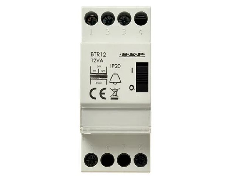SEP Beltrafo 2mod 8V-12V-24VAC 12VA wisselspanning